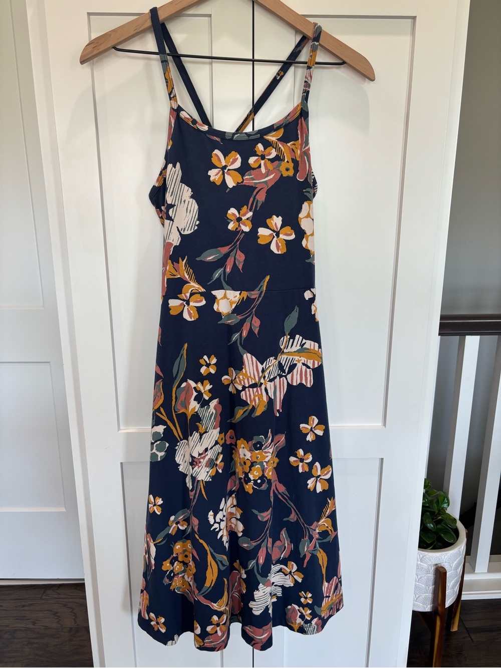 Pact Organic Cotton Navy Floral A-Line Sundress with Mustard & Cream Accents